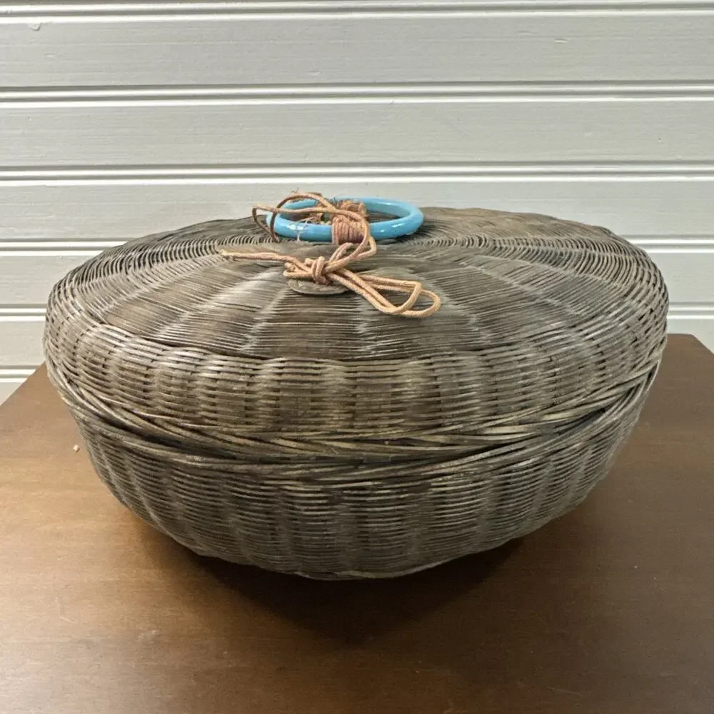 Vintage Wicker 10” Chinese Sewing Basket with Beads, Tassels and Ring